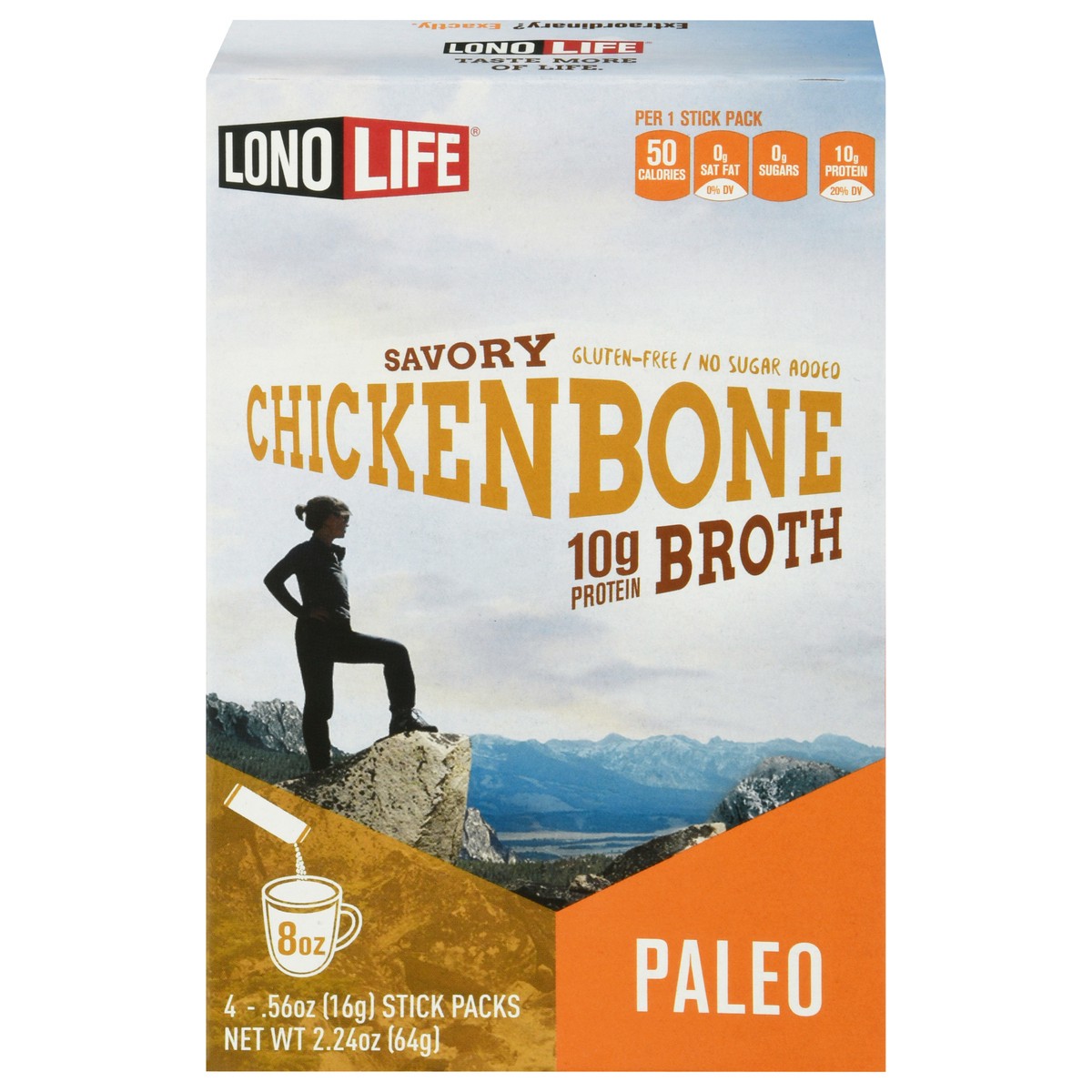 slide 1 of 9, LonoLife Paleo Savory Chicken Bone Broth 4-0.56 oz Packs, 