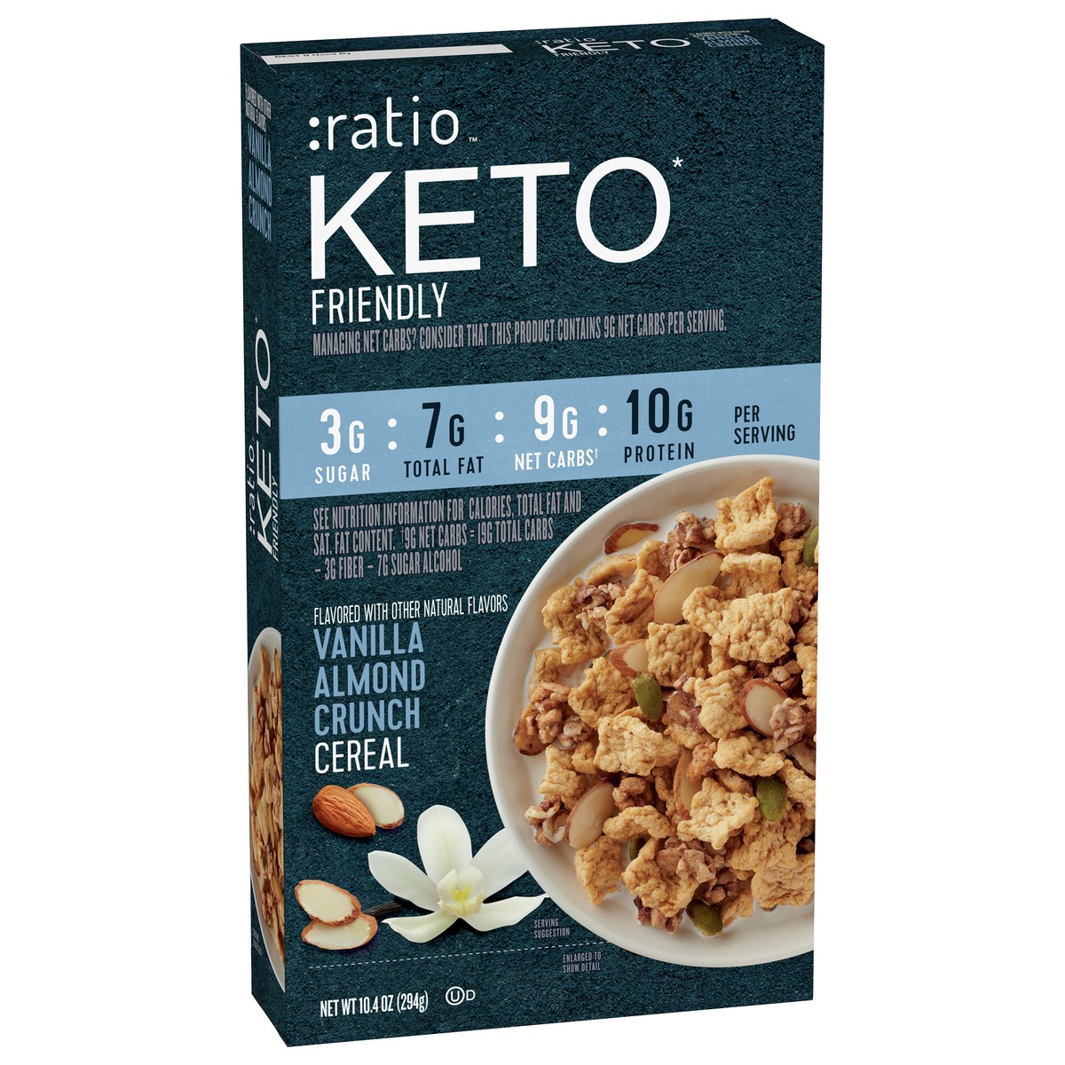 slide 8 of 9, :ratio Trio Vanilla Almond Crunch Cereal, 10g Protein, Keto Friendly, 10.4 oz, 10.4 oz