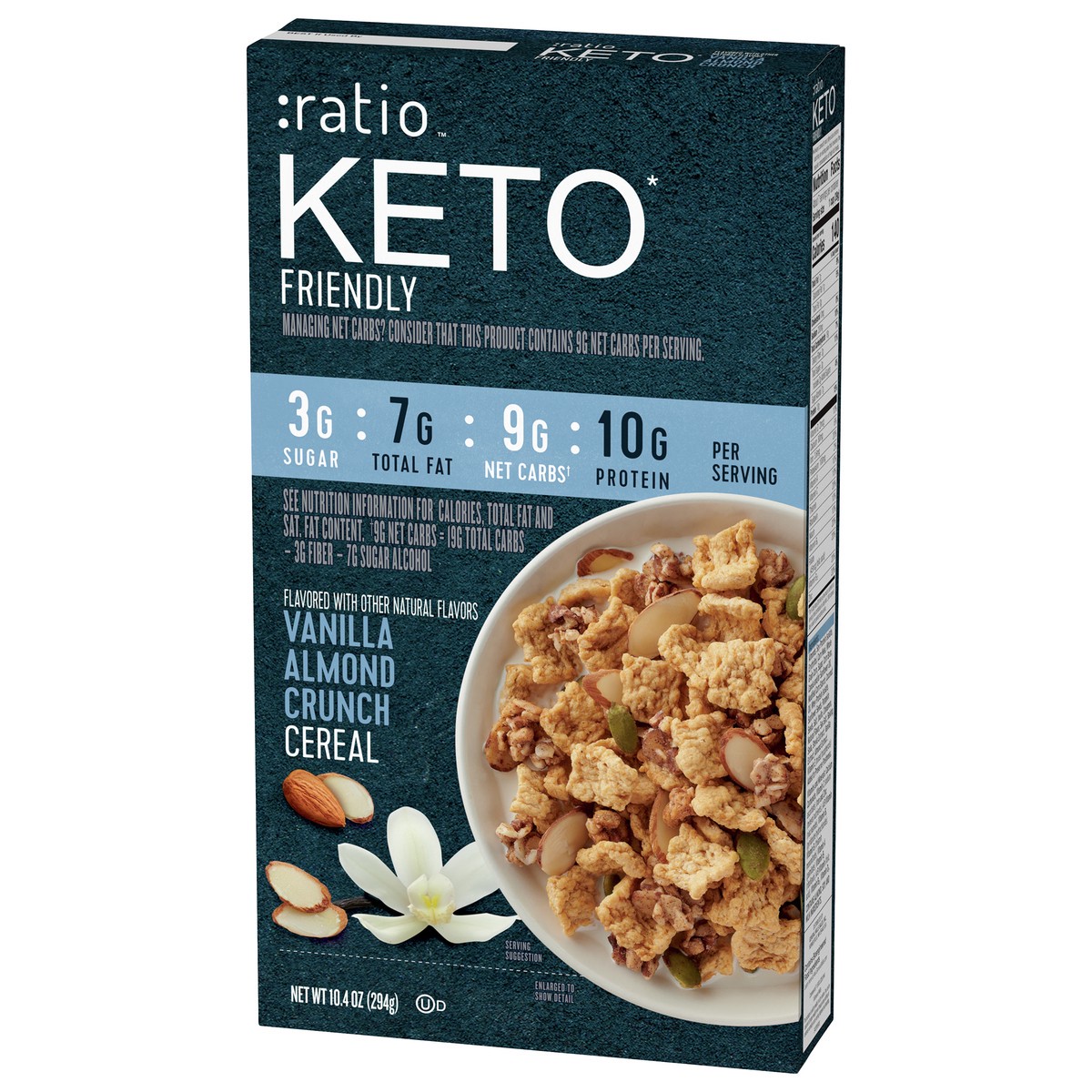 slide 7 of 9, :ratio Trio Vanilla Almond Crunch Cereal, 10g Protein, Keto Friendly, 10.4 oz, 10.4 oz