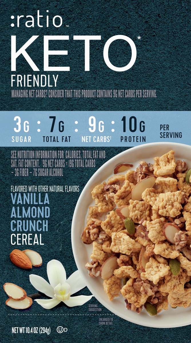 slide 5 of 9, :ratio Trio Vanilla Almond Crunch Cereal, 10g Protein, Keto Friendly, 10.4 oz, 10.4 oz