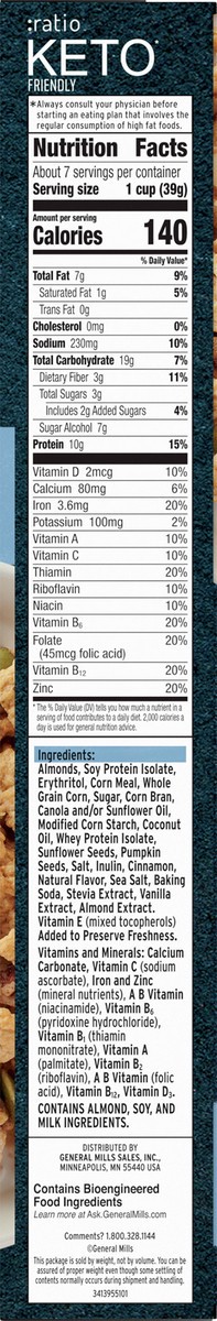 slide 4 of 9, :ratio Trio Vanilla Almond Crunch Cereal, 10g Protein, Keto Friendly, 10.4 oz, 10.4 oz