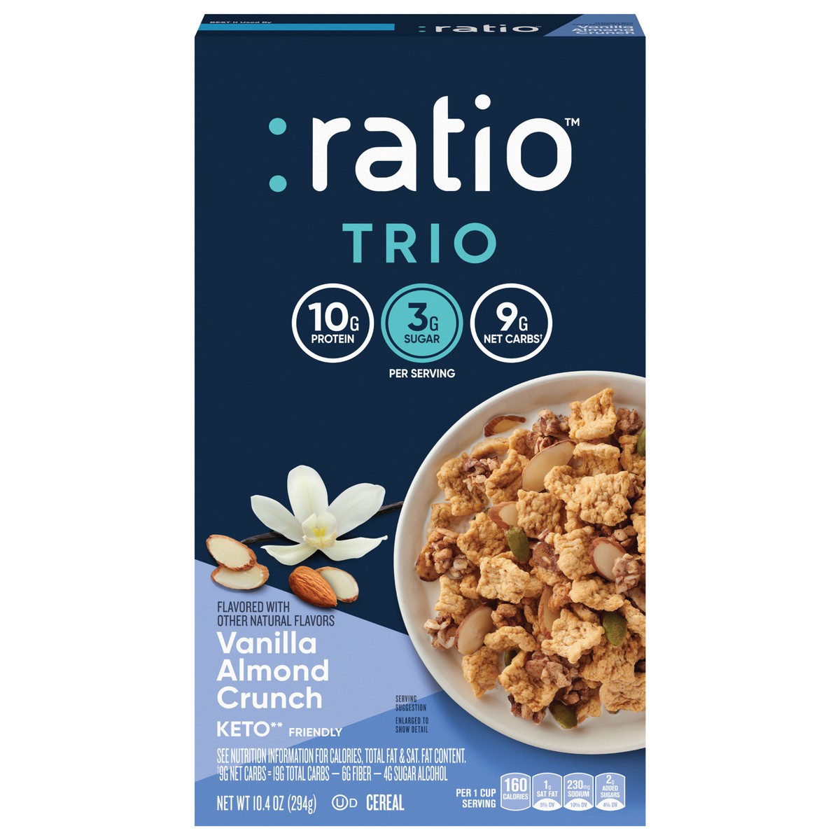 slide 1 of 9, :ratio Trio Vanilla Almond Crunch Cereal, 10g Protein, Keto Friendly, 10.4 oz, 10.4 oz