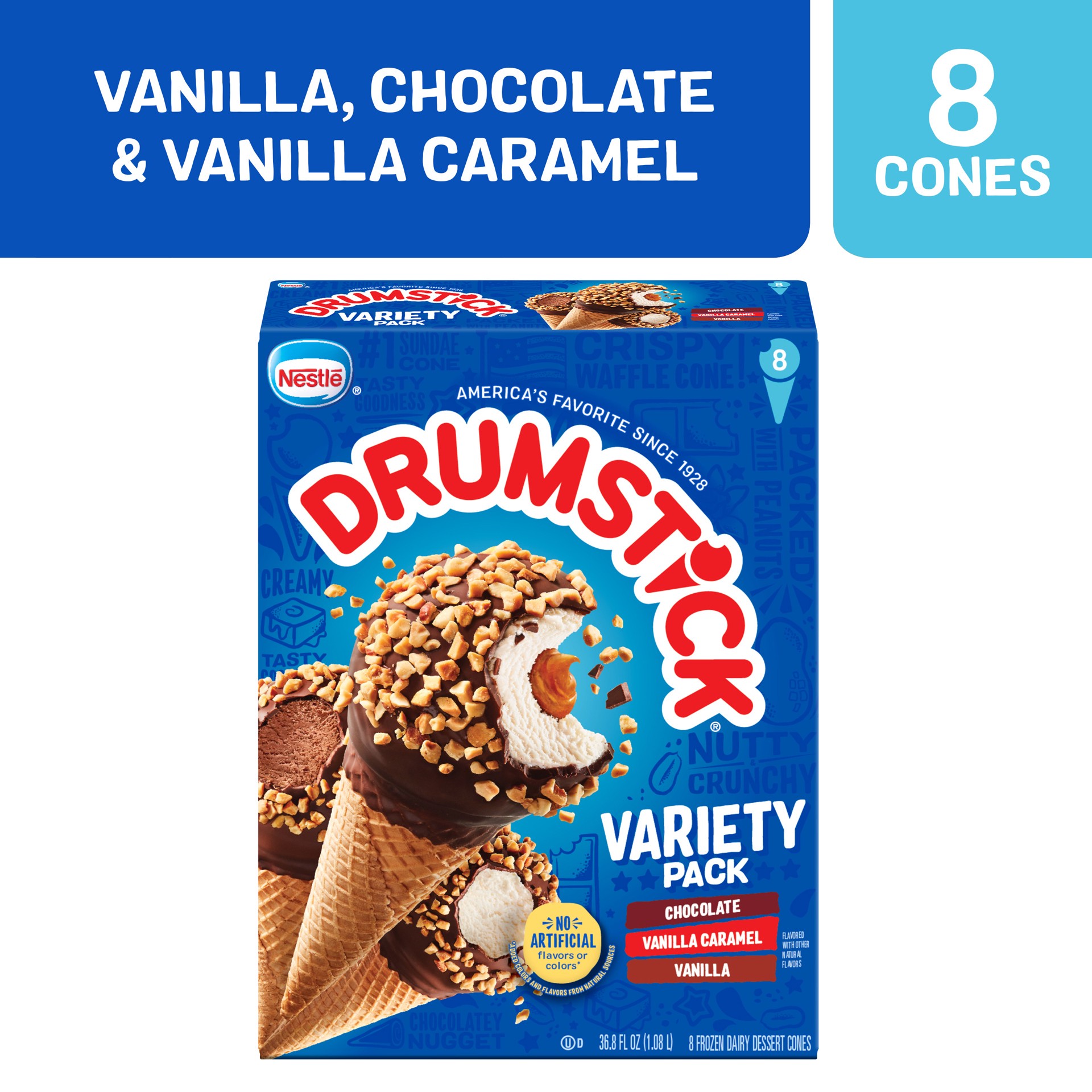 slide 3 of 5, Nestlé Drumstick Chocolate, Vanilla Caramel, Vanilla Variety Pack Frozen Dairy Dessert Cones 8 ct, 8 ct