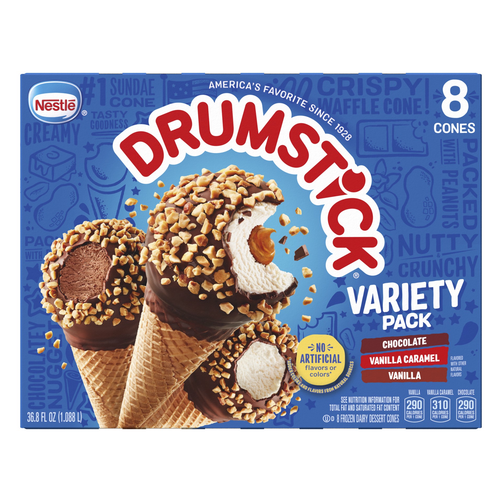 slide 1 of 5, Nestlé Drumstick Chocolate, Vanilla Caramel, Vanilla Variety Pack Frozen Dairy Dessert Cones 8 ct, 8 ct