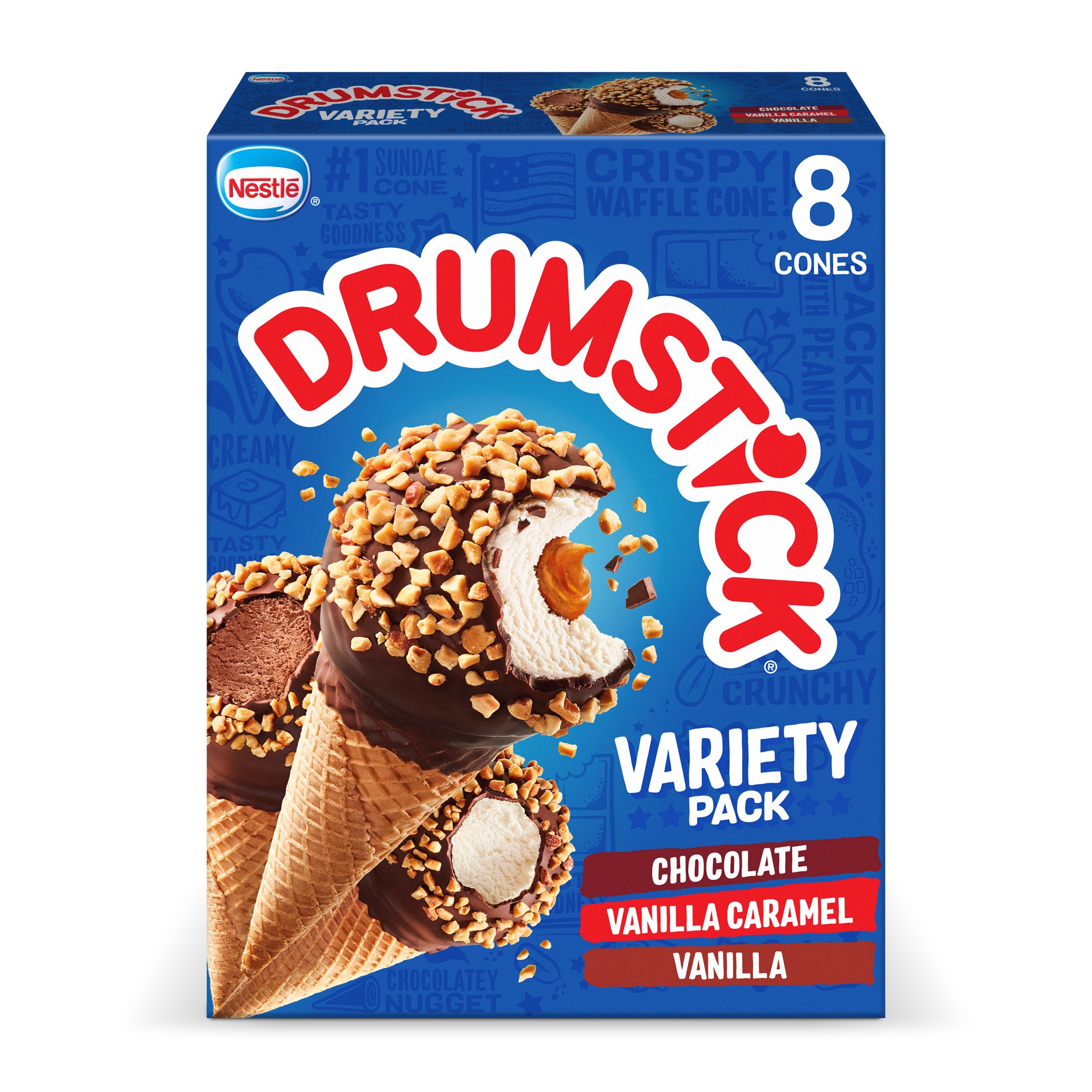 slide 1 of 5, Drumstick Chocolate, Vanilla, Vanilla Caramel Cones Variety Pack, 8 Count, 8 ct
