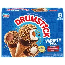 Nestlé Drumstick Chocolate, Vanilla Caramel, Vanilla Variety Pack Frozen Dairy Dessert Cones 8 ct
