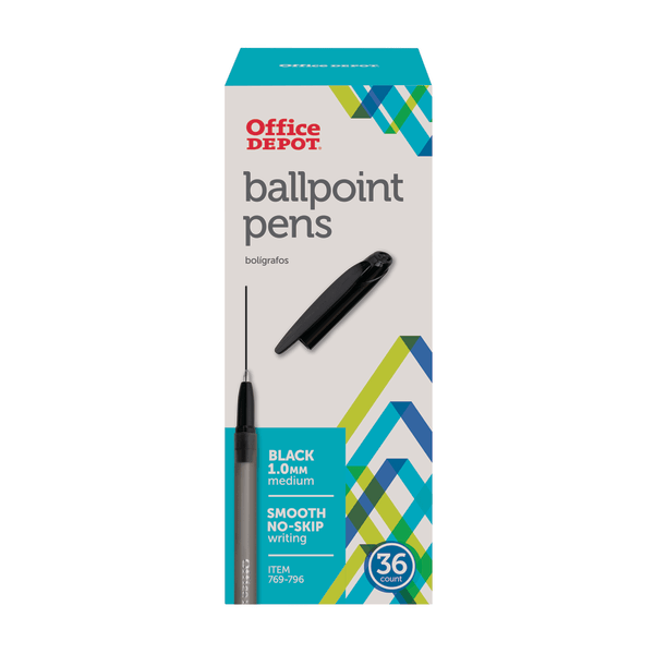 slide 1 of 2, Office Depot Brand Ballpoint Stick Pens, Medium Point, 1.0 Mm, Black Barrel, Black Ink, Pack Of 36, 36 ct