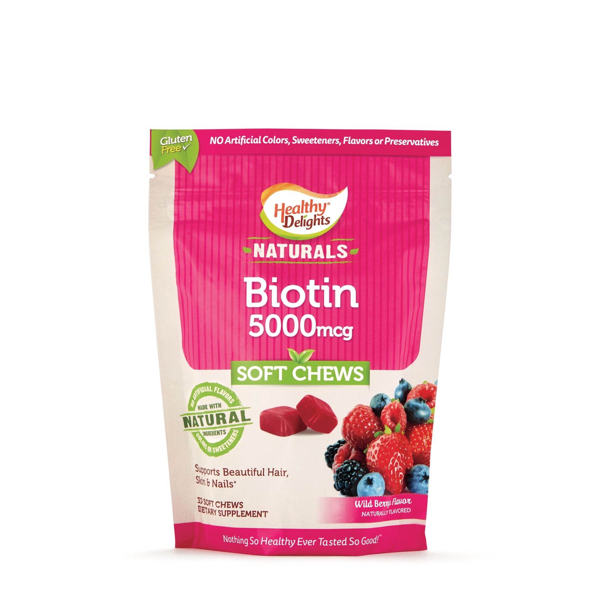 slide 1 of 1, Healthy Delights Naturals Biotin 5000mcg Soft Chews, Wild Berry, 30 ct