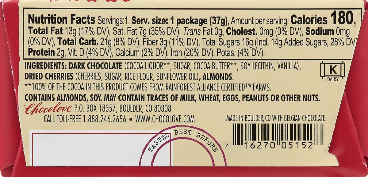 slide 6 of 9, Chocolove Cherry & Almond Mini D/Choc Candy Bar, 1.3 oz