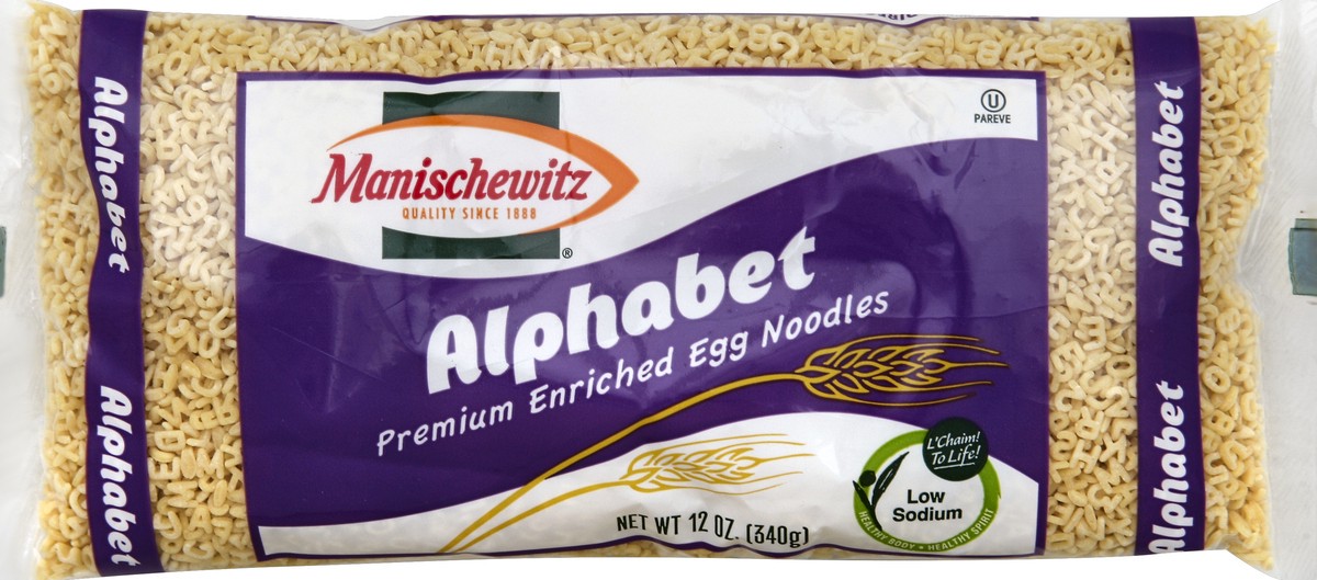 slide 5 of 5, Manischewitz Egg Noodles, Premium Enriched, Alphabet, 12 oz