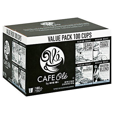 slide 1 of 1, H-E-B Cafe Ole Single Serve Flavor Value Pack TexasPecan, Snicknernut Cookie, Taste of San Antonio and Houston Blend, 100 ct
