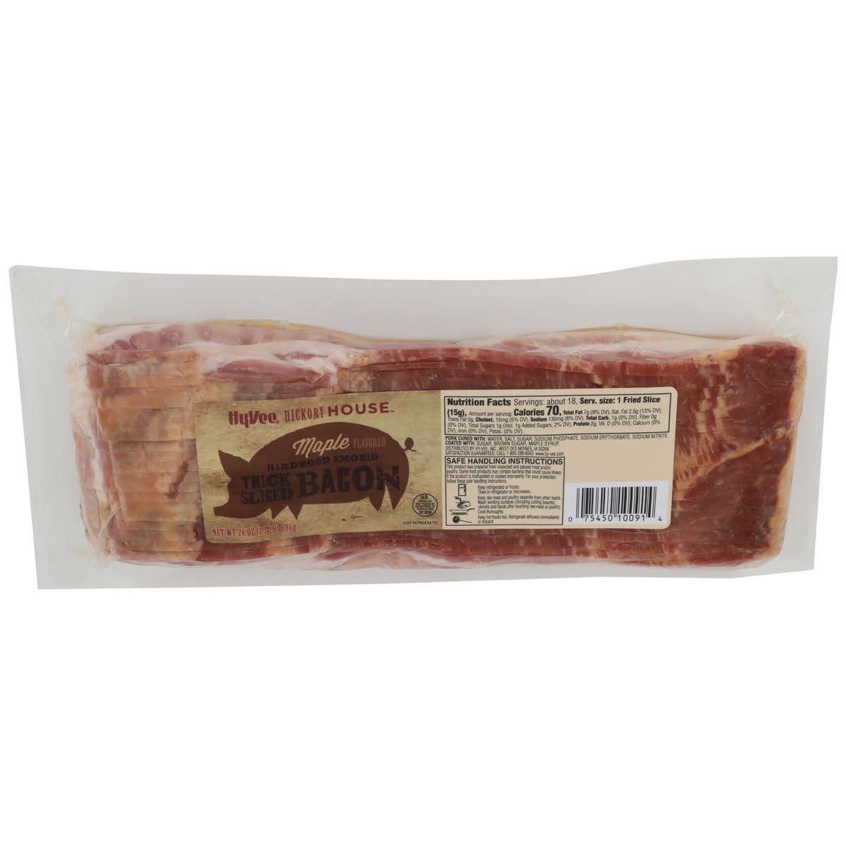 slide 1 of 1, Hy-vee Maple Flavored Hardwood Smoked Thick Sliced Bacon, 24 oz
