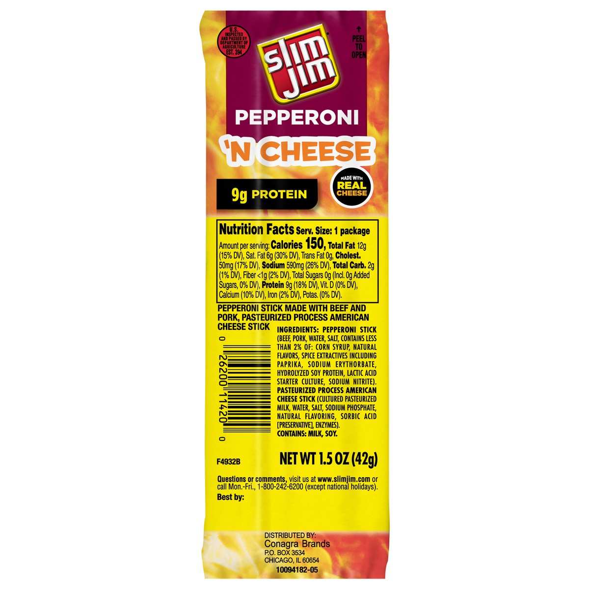 slide 1 of 3, Slim Jim Pepperoni 'N Cheese Pepperoni Stick 1.5 oz, 1.5 oz