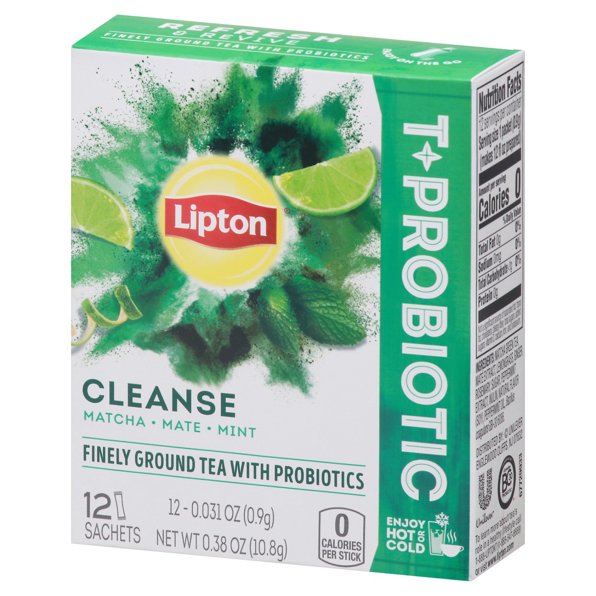 slide 6 of 10, Lipton Tea + Probiotic Cleanse Powdered Herbal Tea Sachets Matcha Mate and Mint, .38 oz, 12 Servings , 0.38 oz