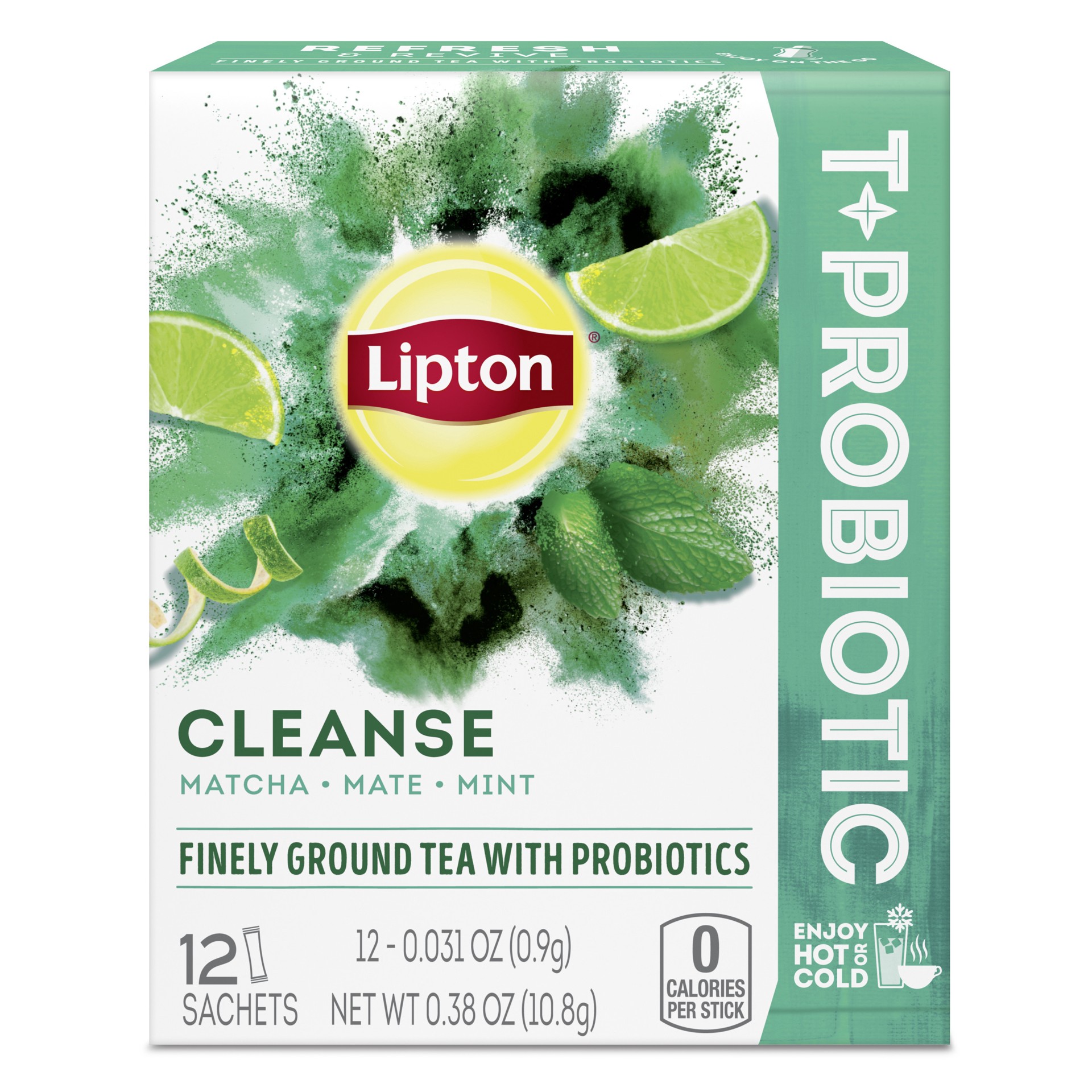 slide 1 of 10, Lipton Tea + Probiotic Cleanse Powdered Herbal Tea Sachets Matcha Mate and Mint, .38 oz, 12 Servings , 0.38 oz