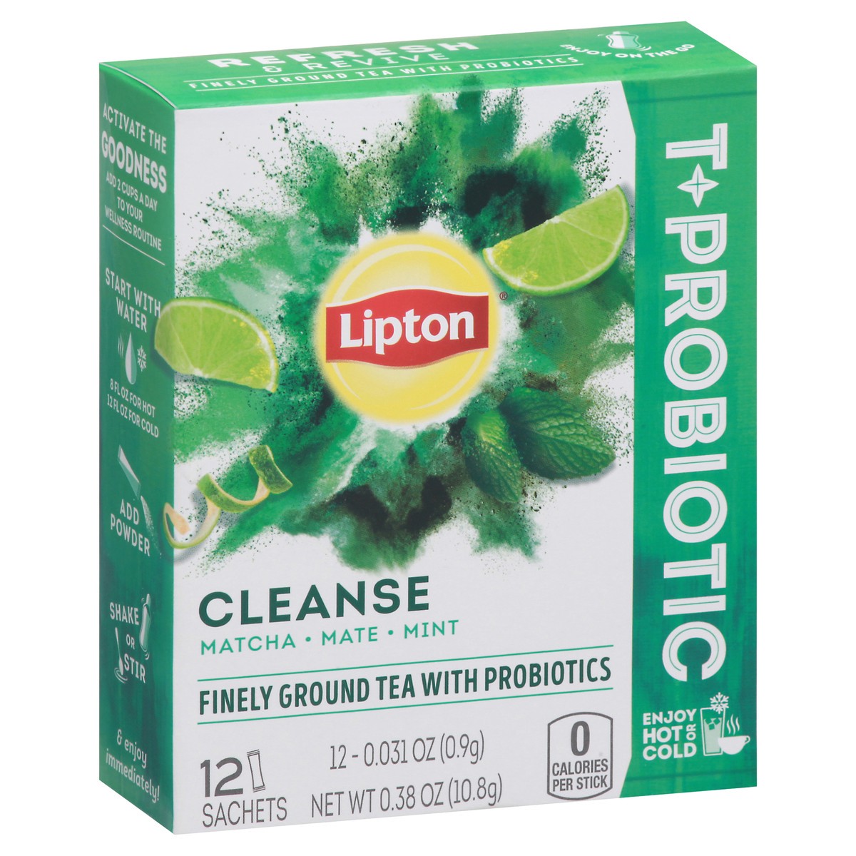 slide 9 of 10, Lipton Tea + Probiotic Cleanse Powdered Herbal Tea Sachets Matcha Mate and Mint, .38 oz, 12 Servings , 0.38 oz