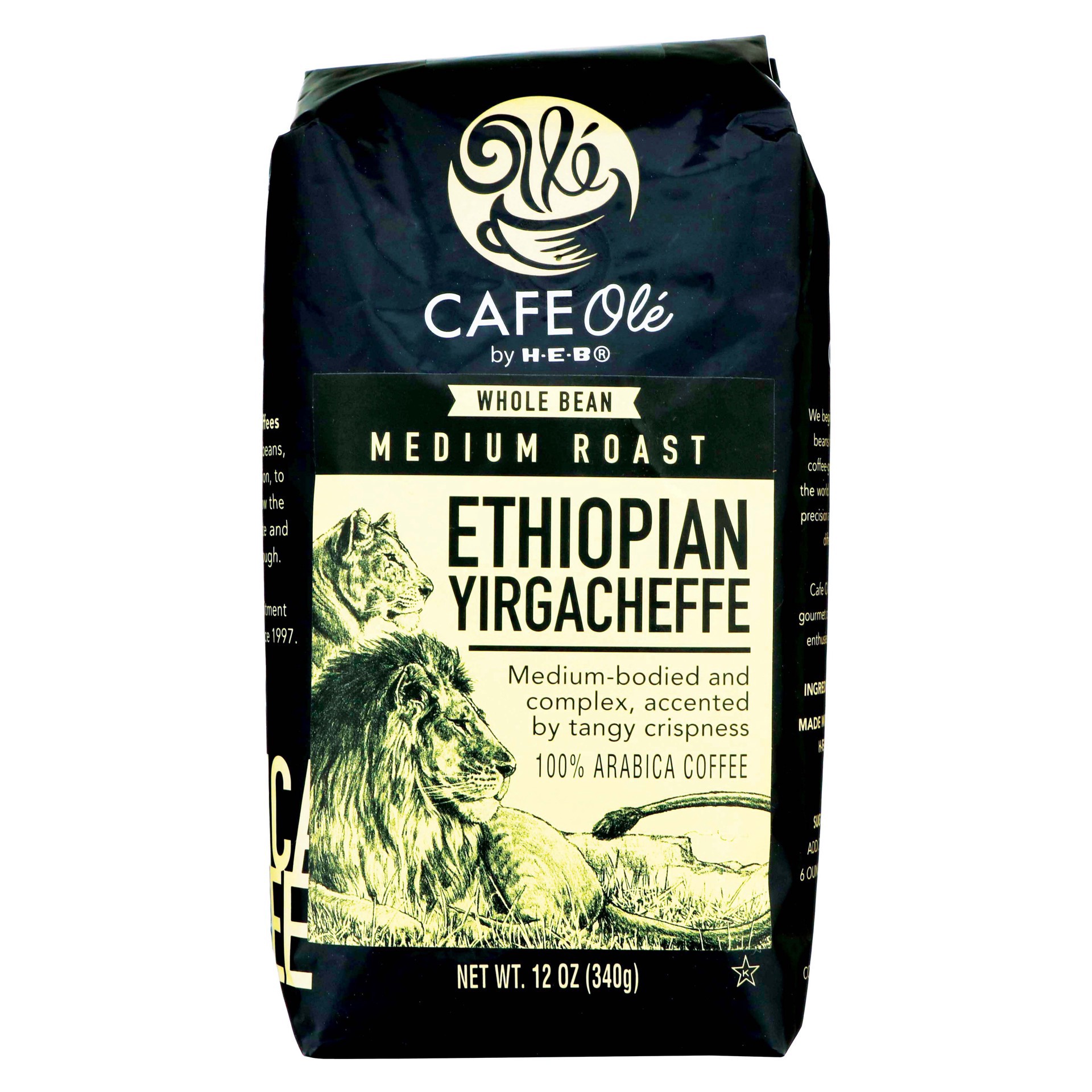 slide 1 of 1, H-E-B Cafe Ole Whole Bean Ethiopian Yirgacheffe Medium Roast Coffee - 12 oz, 12 oz