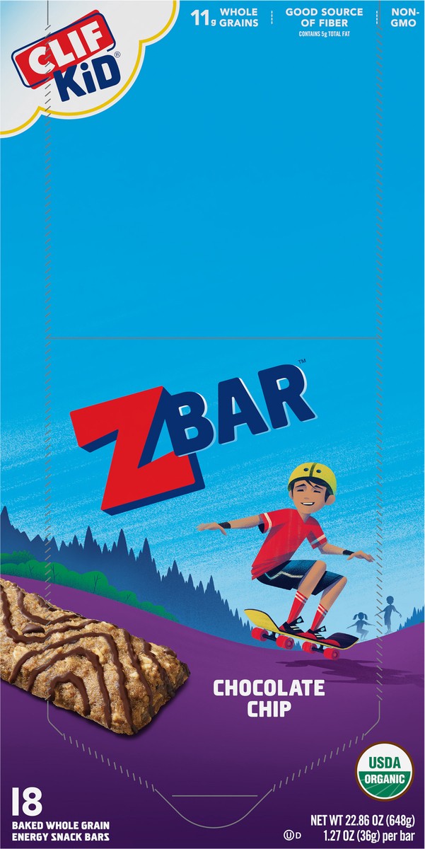 slide 6 of 12, CLIF Kid Zbar - Chocolate Chip - Soft Baked Whole Grain Snack Bars - USDA Organic - Non-GMO - Plant-Based - 1.27 oz. (18 Count), 22.86 oz