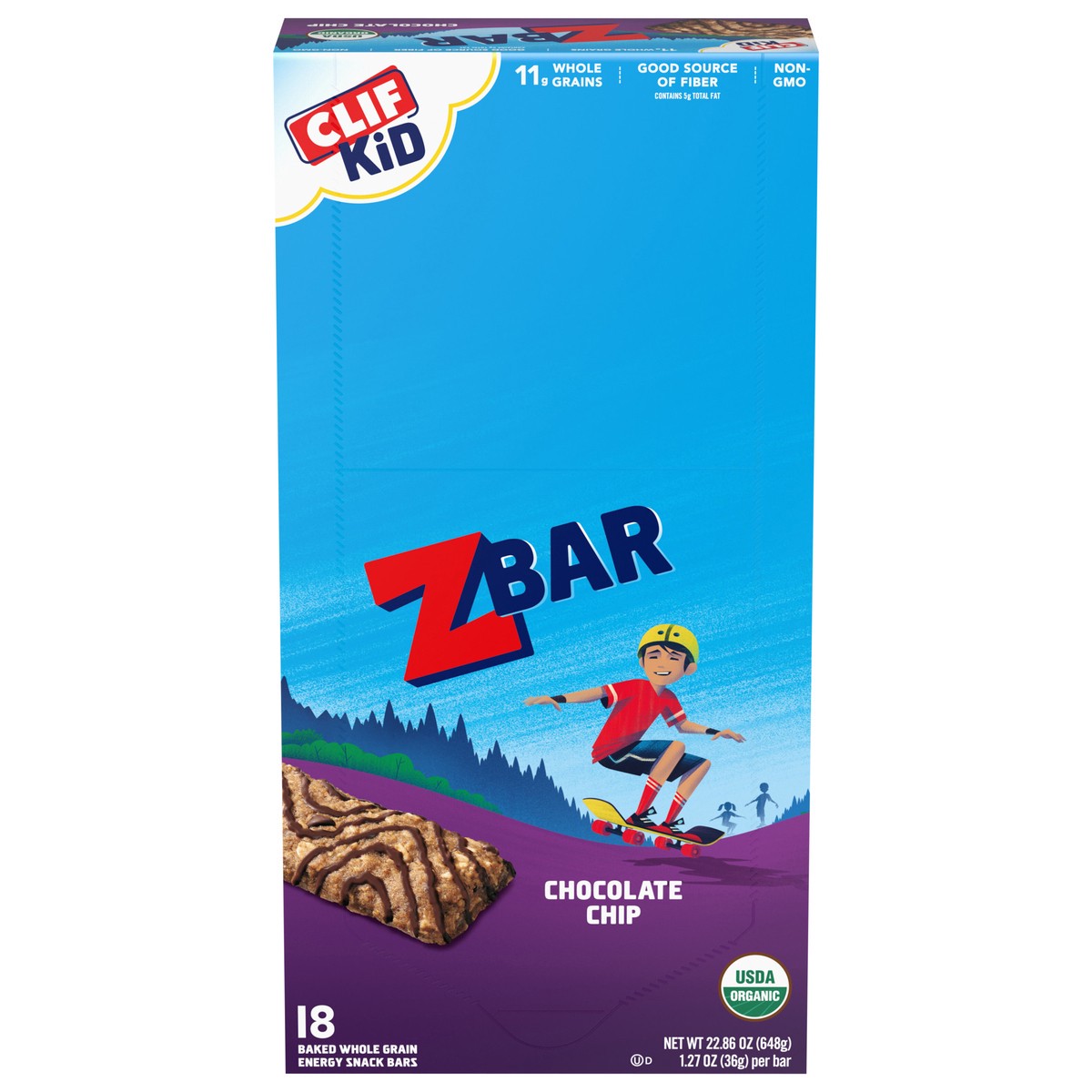 slide 1 of 12, CLIF Kid Zbar - Chocolate Chip - Soft Baked Whole Grain Snack Bars - USDA Organic - Non-GMO - Plant-Based - 1.27 oz. (18 Count), 22.86 oz