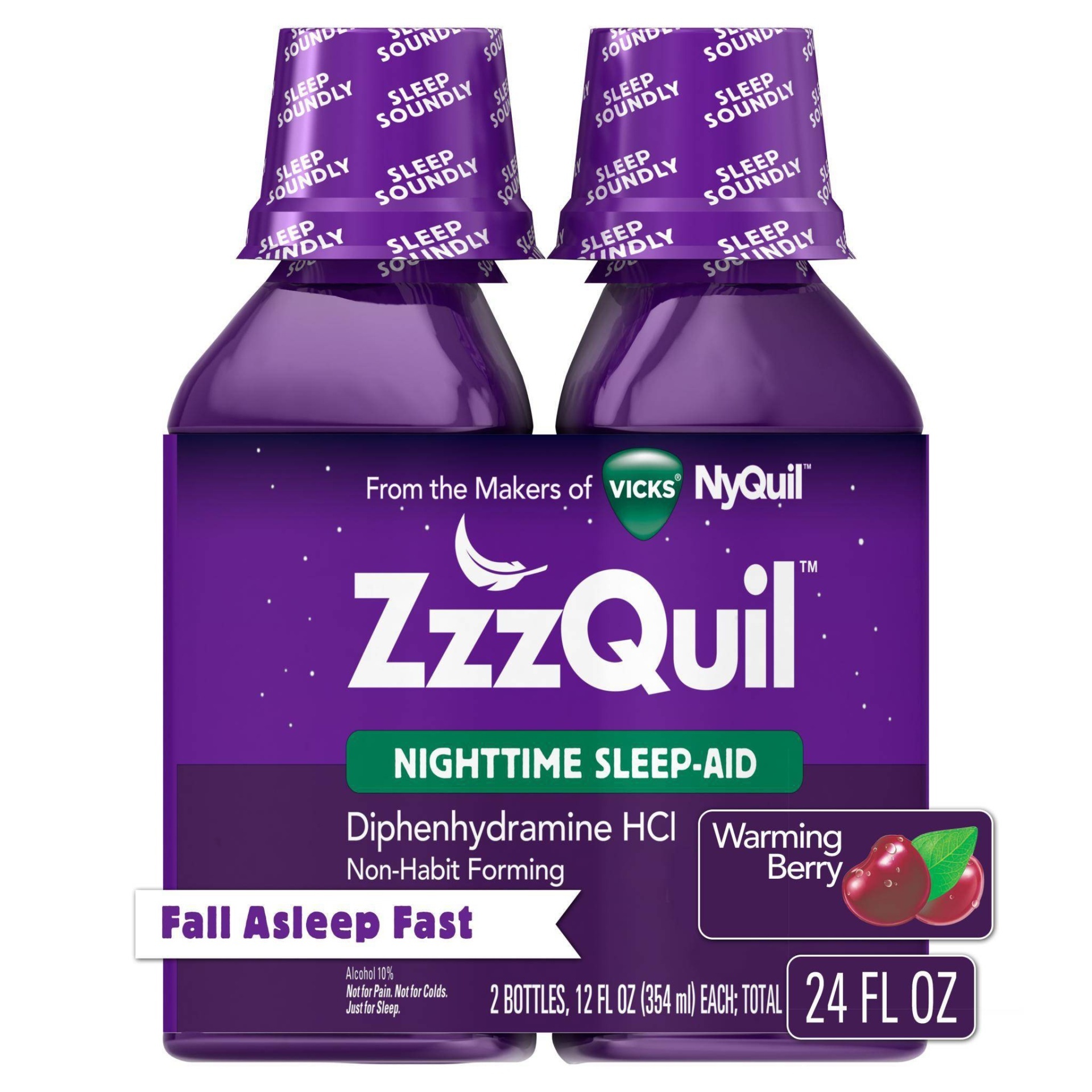 slide 1 of 2, ZzzQuil Warming Berry Flavor Nighttime Sleep Aid Liquid, 2 ct; 12 fl oz