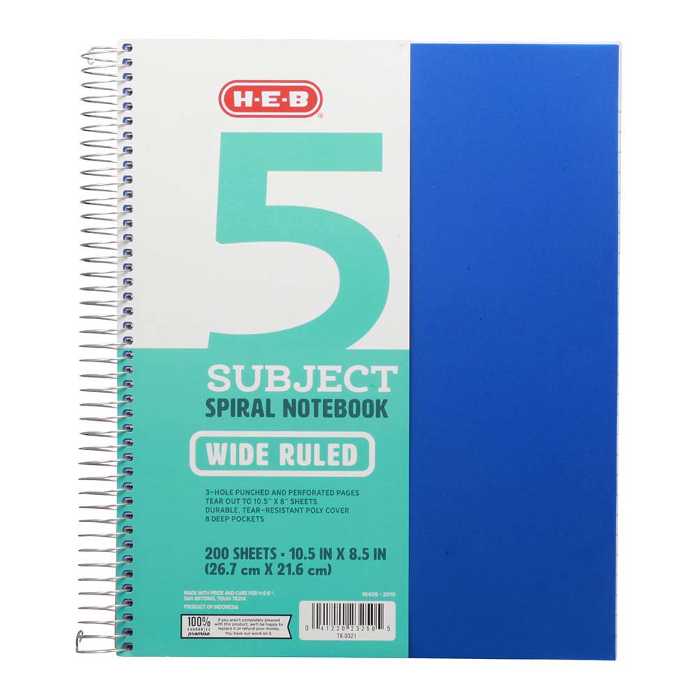 slide 1 of 1, H-E-B 5 Subject Wide Ruled Poly Spiral Notebook - Blue, 200 ct