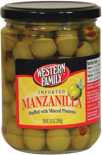 slide 1 of 1, Western Family Olives Manzanilla Stuffed, 10 oz