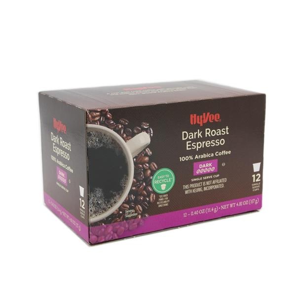 slide 1 of 1, Hy-Vee Dark Roast Espresso Single Serve 12-0.40 Oz Cups, 4.83 oz