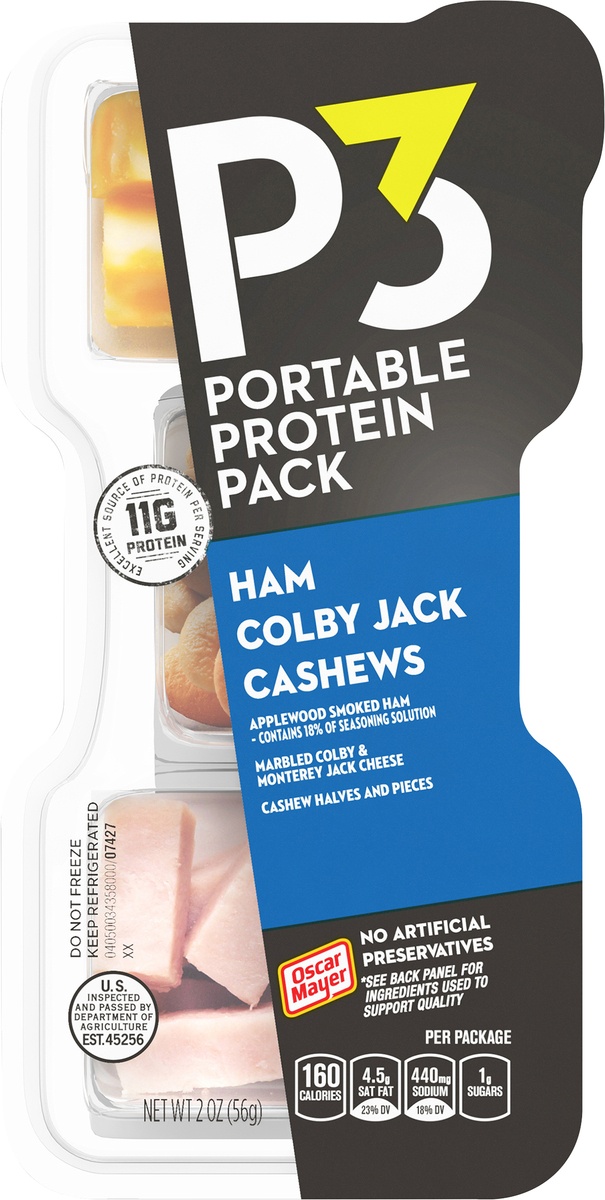 slide 9 of 10, P3 Portable Protein Snack Pack with Ham, Cashews & Colby Jack Cheese Tray, 2 oz