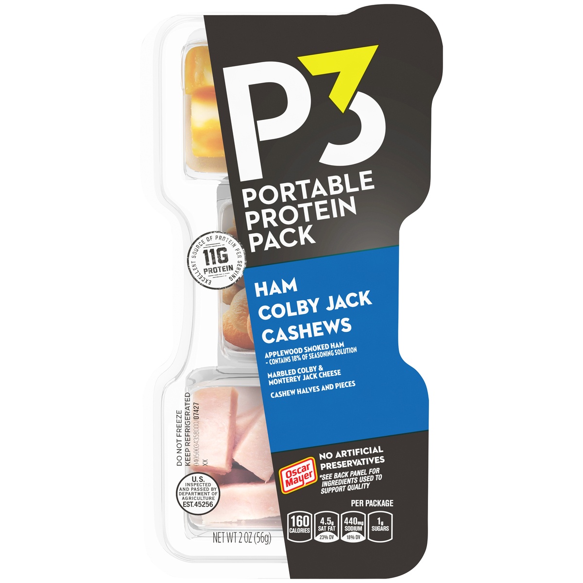 slide 1 of 4, P3 Portable Protein Pack Ham, Cashews Colby Jack Cheese, for a Low Carb Lifestyle, 2 oz Tray, 2 oz