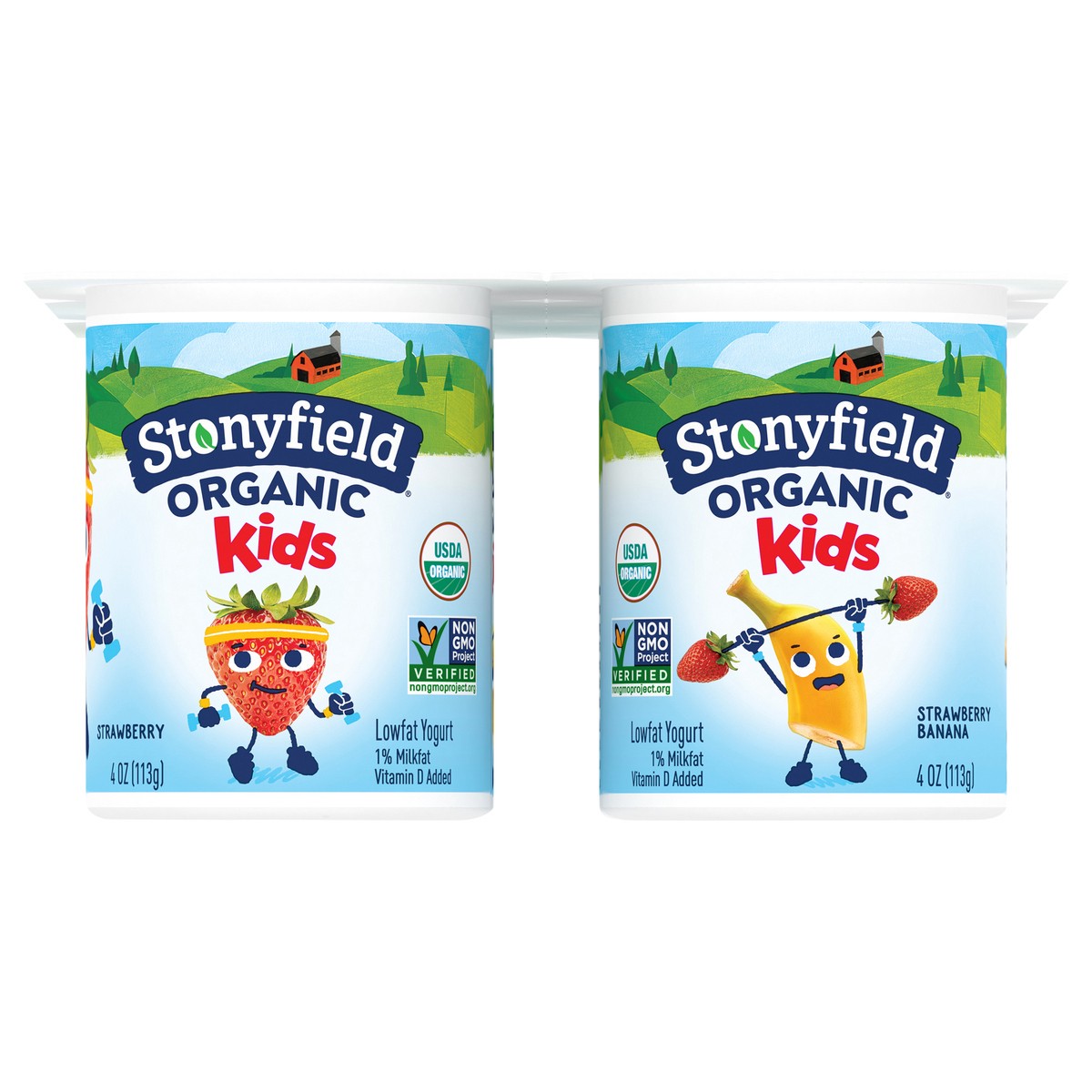 slide 1 of 14, Stonyfield Organic Kids Strawberry Banana & Strawberry Lowfat Yogurt Variety Pack 6-4 oz. Cups, 6 ct