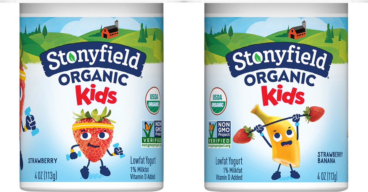 slide 9 of 14, Stonyfield Organic Kids Strawberry Banana & Strawberry Lowfat Yogurt Variety Pack 6-4 oz. Cups, 6 ct