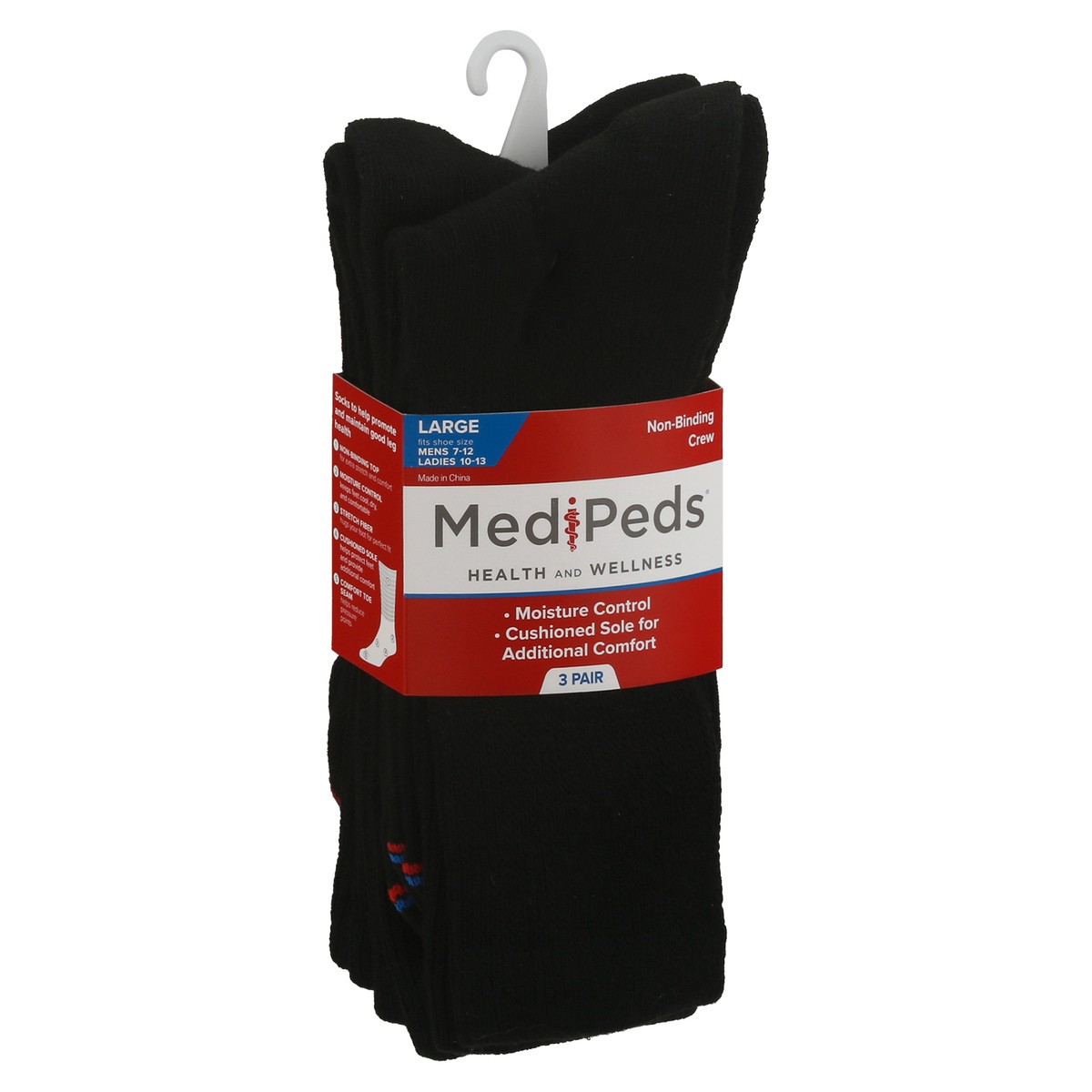 slide 7 of 9, MediPeds Unisex Black Non-Binding Crew Cushioned Socks Large 3 ea, 3 ct