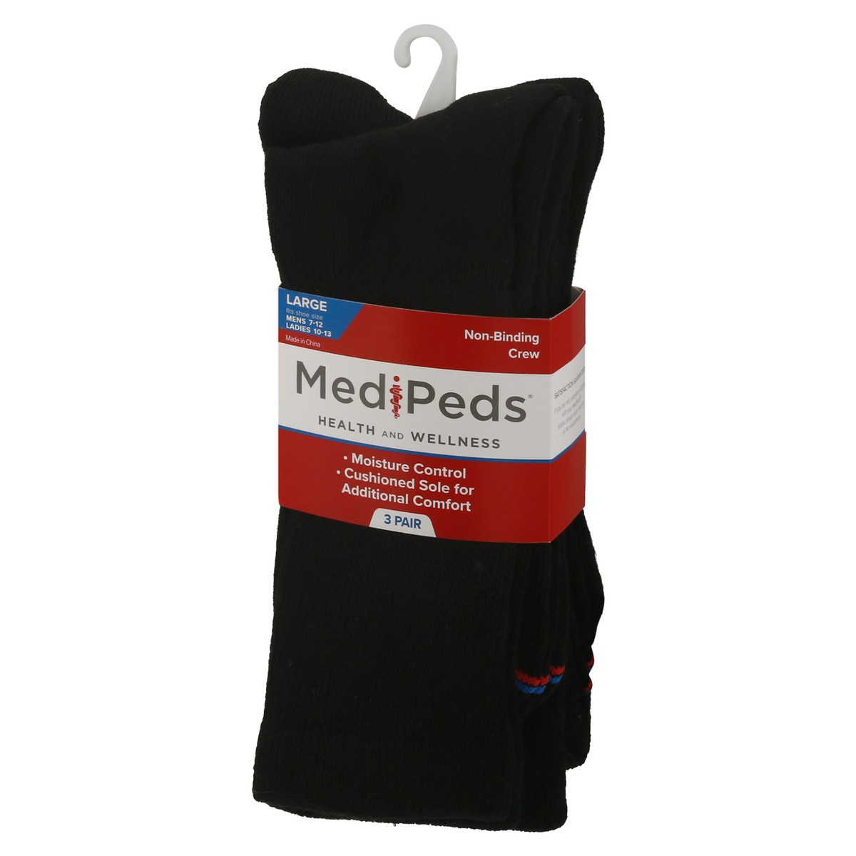 slide 5 of 9, MediPeds Unisex Black Non-Binding Crew Cushioned Socks Large 3 ea, 3 ct
