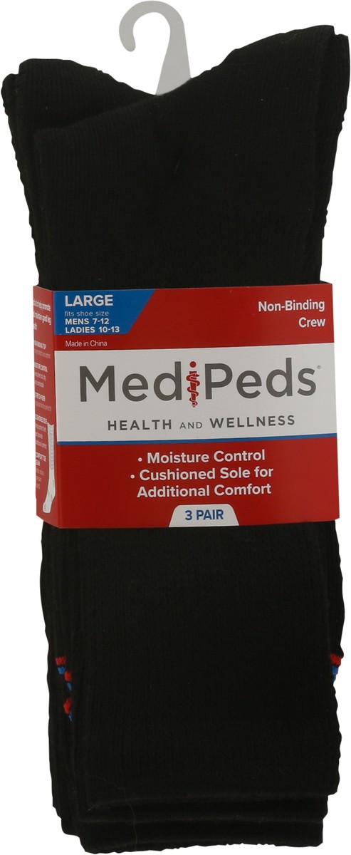 slide 6 of 9, MediPeds Unisex Black Non-Binding Crew Cushioned Socks Large 3 ea, 3 ct