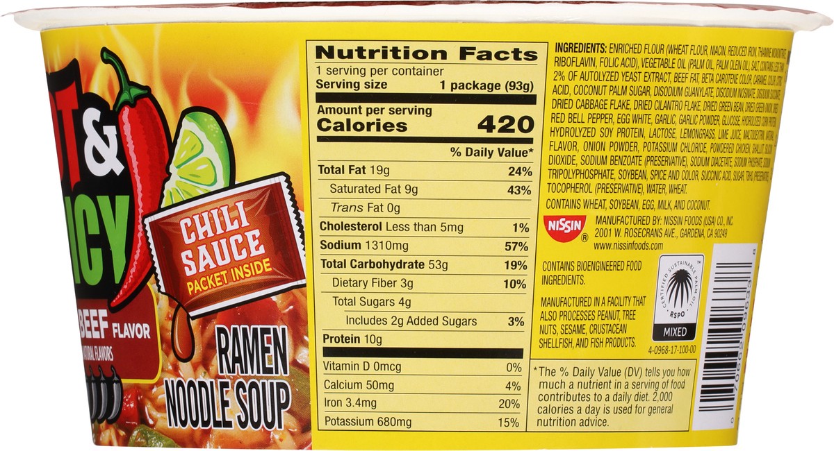 slide 5 of 13, Nissin Hot & Spicy Fiery Beef Flavor Ramen Noodle Soup 3.28 oz, 3.28 oz