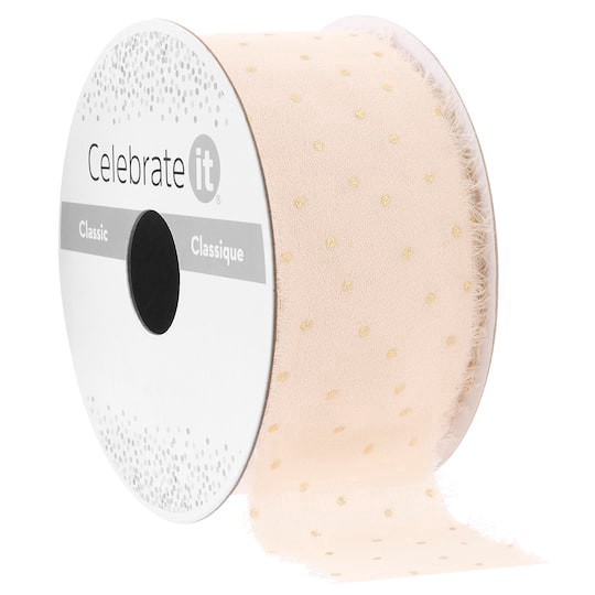 slide 1 of 2, 1.5" X 3yd. White Chiffon Gold Dot Ribbon With Fray Edge By Celebrate It Classic, 1.5 in x 3 yd