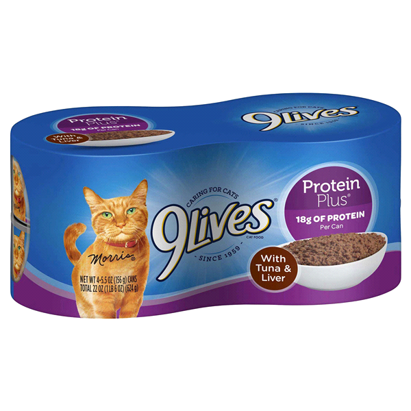 slide 1 of 1, 9Lives Protein Plus Wet Cat Food, With Tuna and Liver, 4 ct
