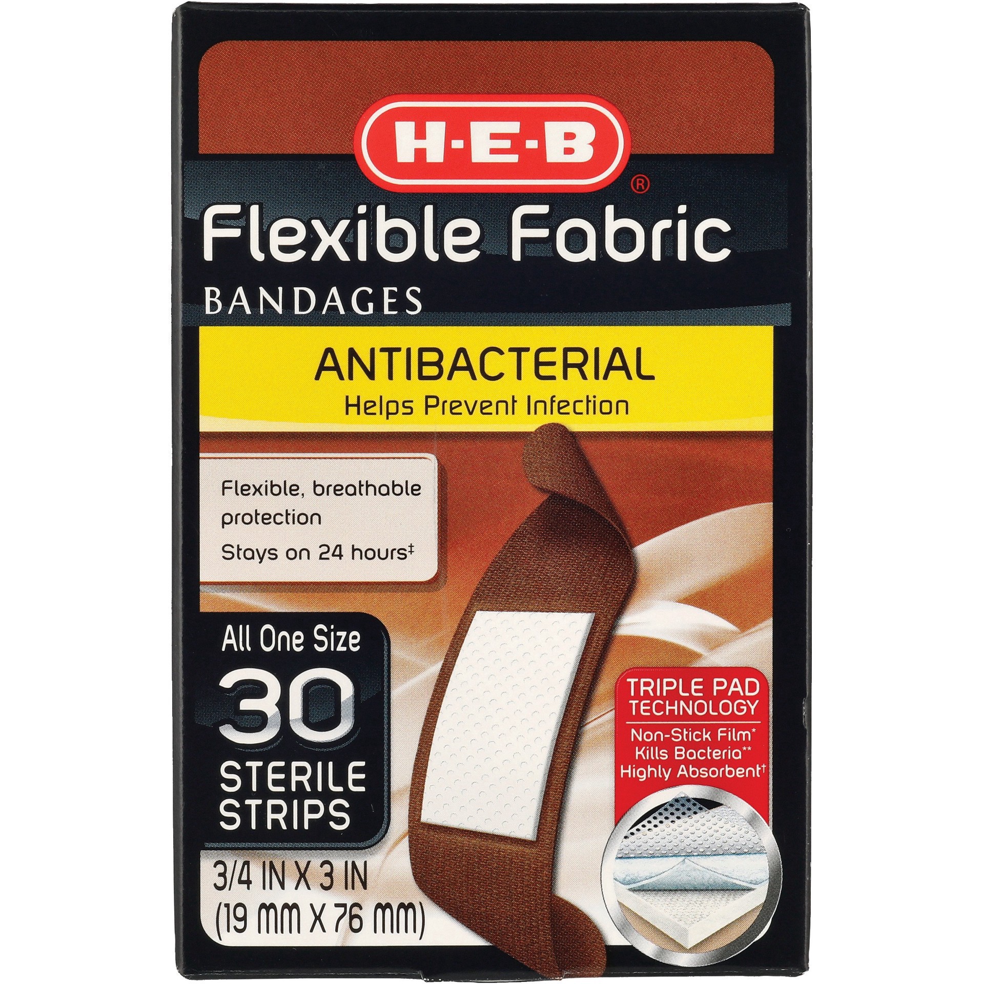 slide 1 of 1, H-E-B Flexible Fabric Antibacterial Medium Skin Tone Bandages, 30 ct