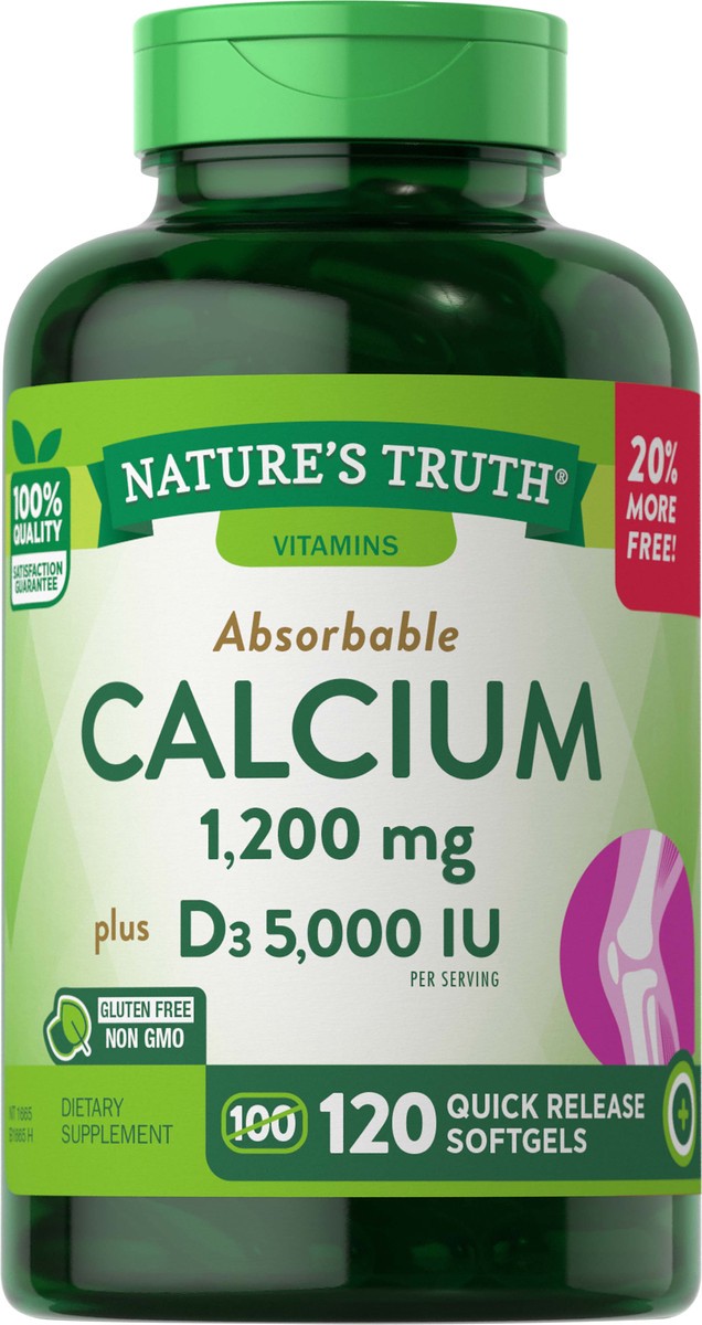 slide 4 of 5, Nature's Truth Calcium 1200 mg + D3 5000 IU Bonus 100+20 SG, 120 ct