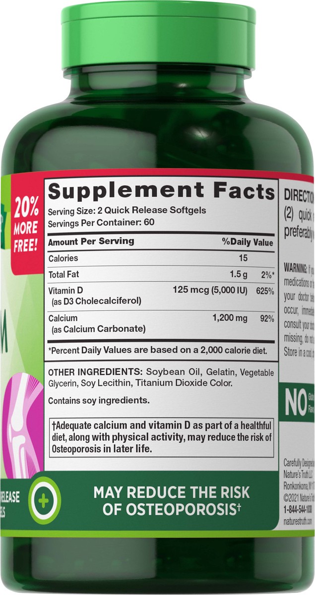 slide 2 of 5, Nature's Truth Calcium 1200 mg + D3 5000 IU Bonus 100+20 SG, 120 ct