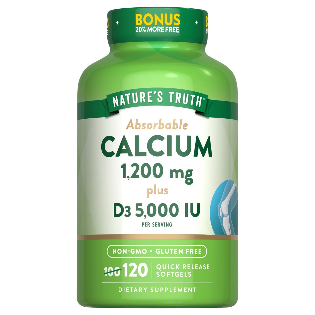 slide 1 of 5, Nature's Truth Calcium 1200 mg + D3 5000 IU Bonus 100+20 SG, 120 ct