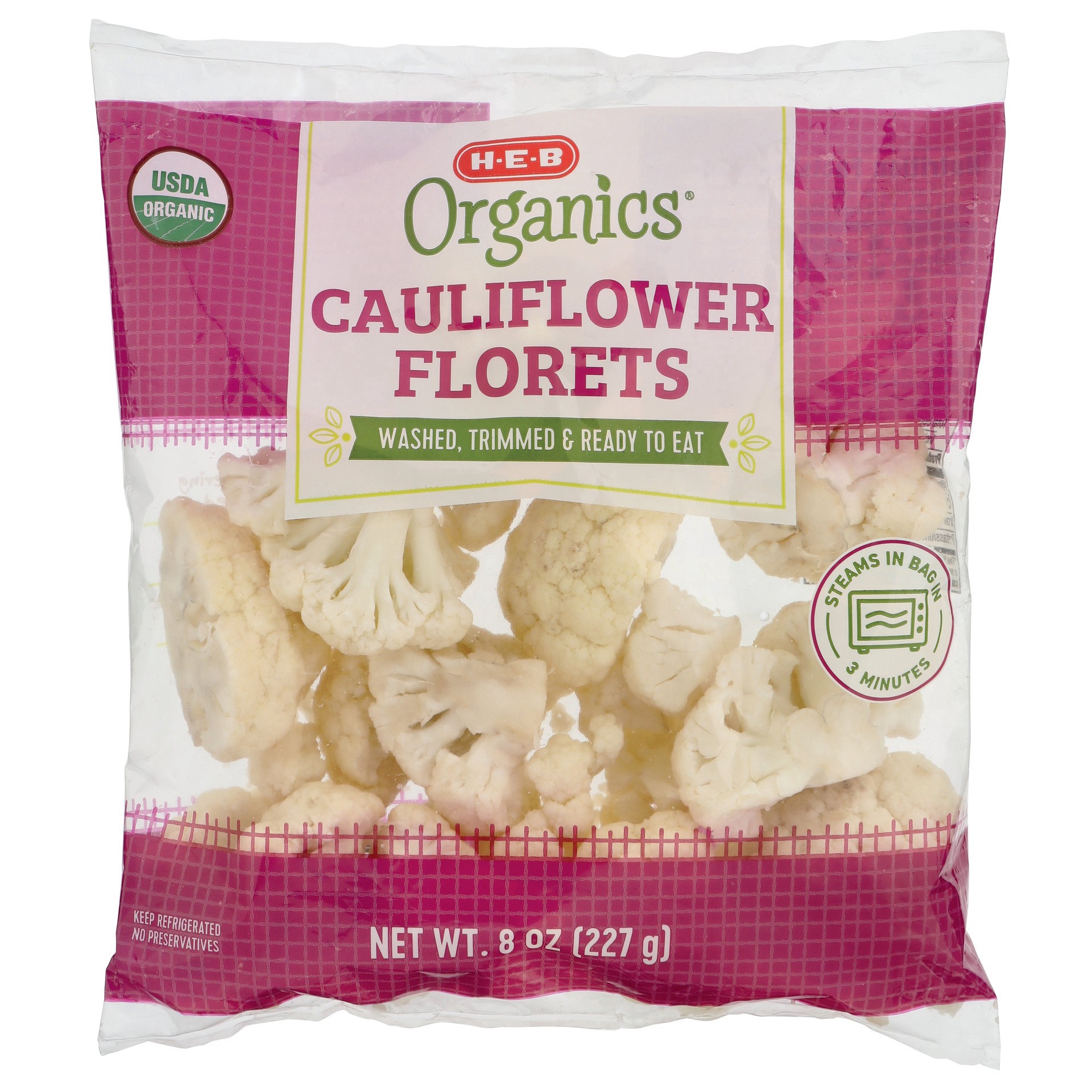 slide 1 of 1, Funderful H-E-B Organics Fresh Steamable Cauliflower Florets, 3 ct