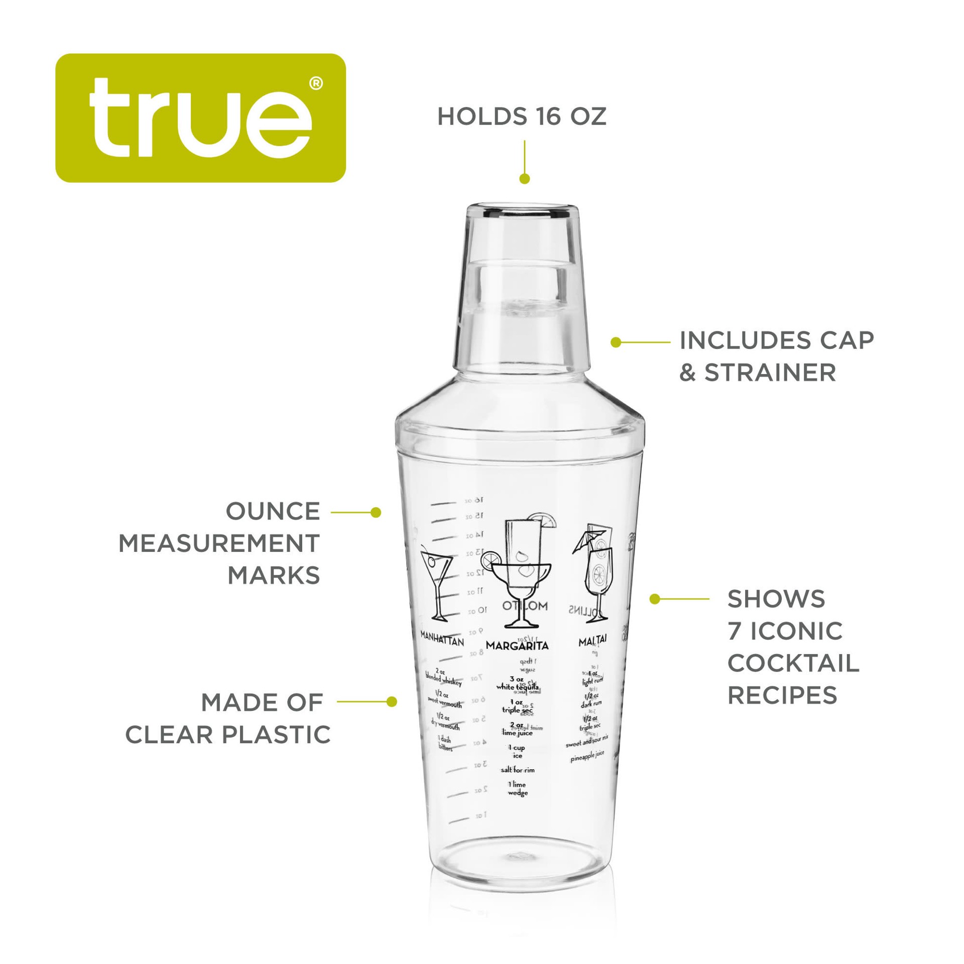 slide 2 of 5, true Cocktail shaker with recipes for cocktails and ounce measurements, built-in strainer, 16 oz, clear plastic, 16 oz