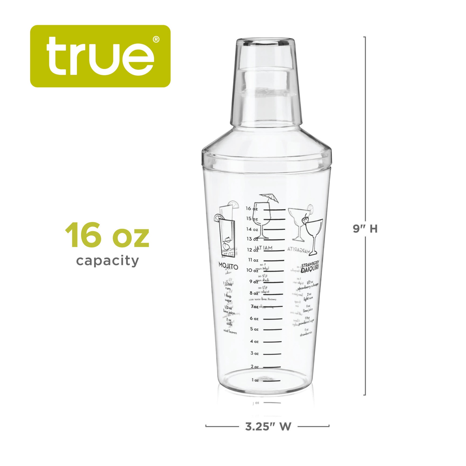 slide 3 of 5, true Cocktail shaker with recipes for cocktails and ounce measurements, built-in strainer, 16 oz, clear plastic, 16 oz