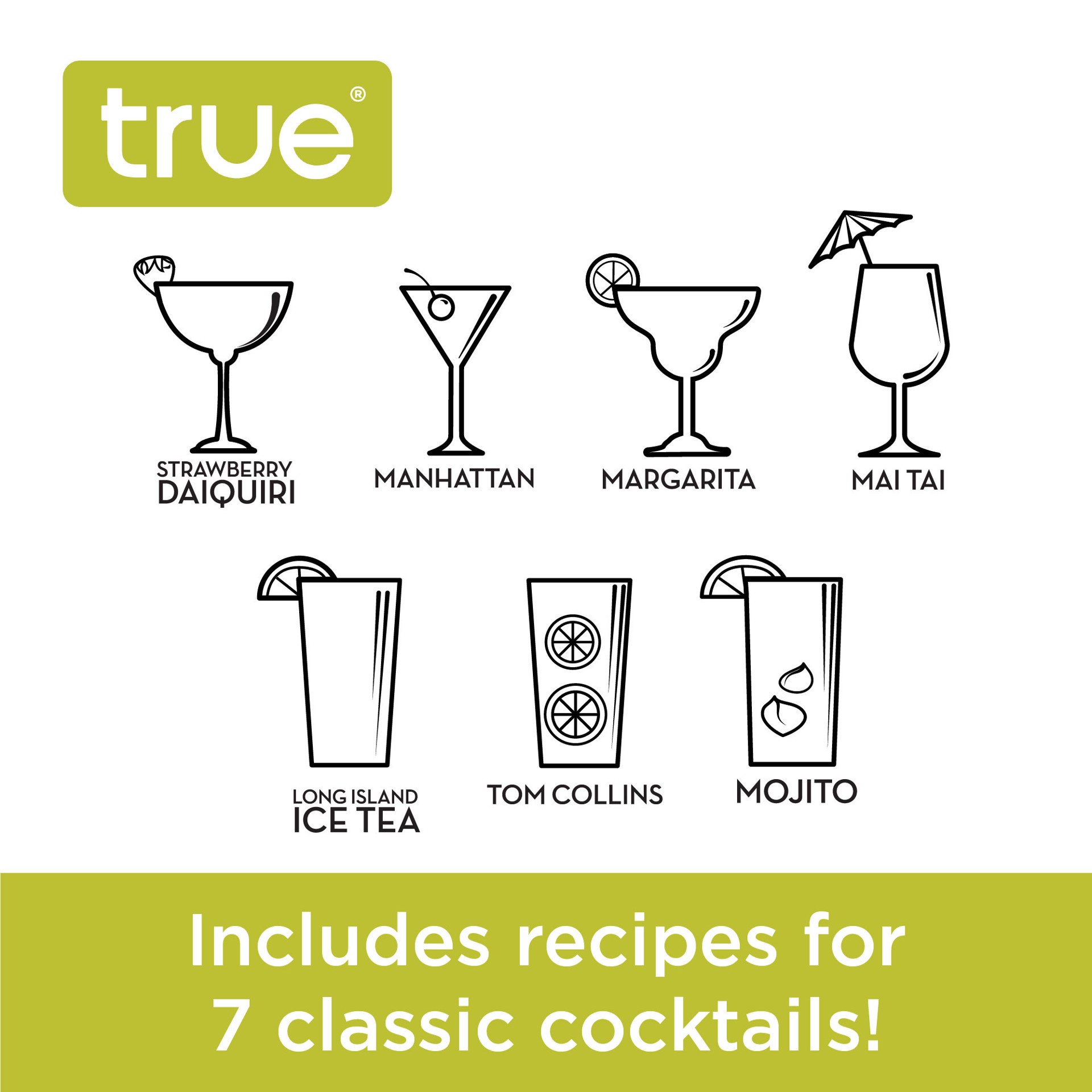 slide 4 of 5, true Cocktail shaker with recipes for cocktails and ounce measurements, built-in strainer, 16 oz, clear plastic, 16 oz