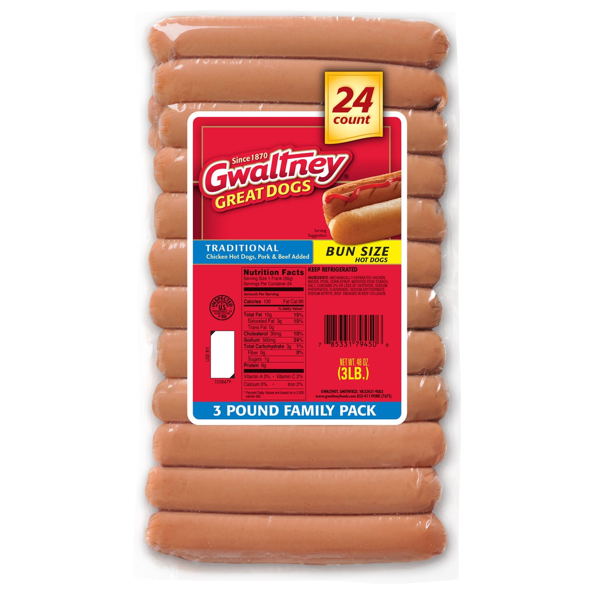 slide 1 of 1, Gwaltney Traditional Chicken Hot Dogs, Bun Size, 3 lb, 3 lb