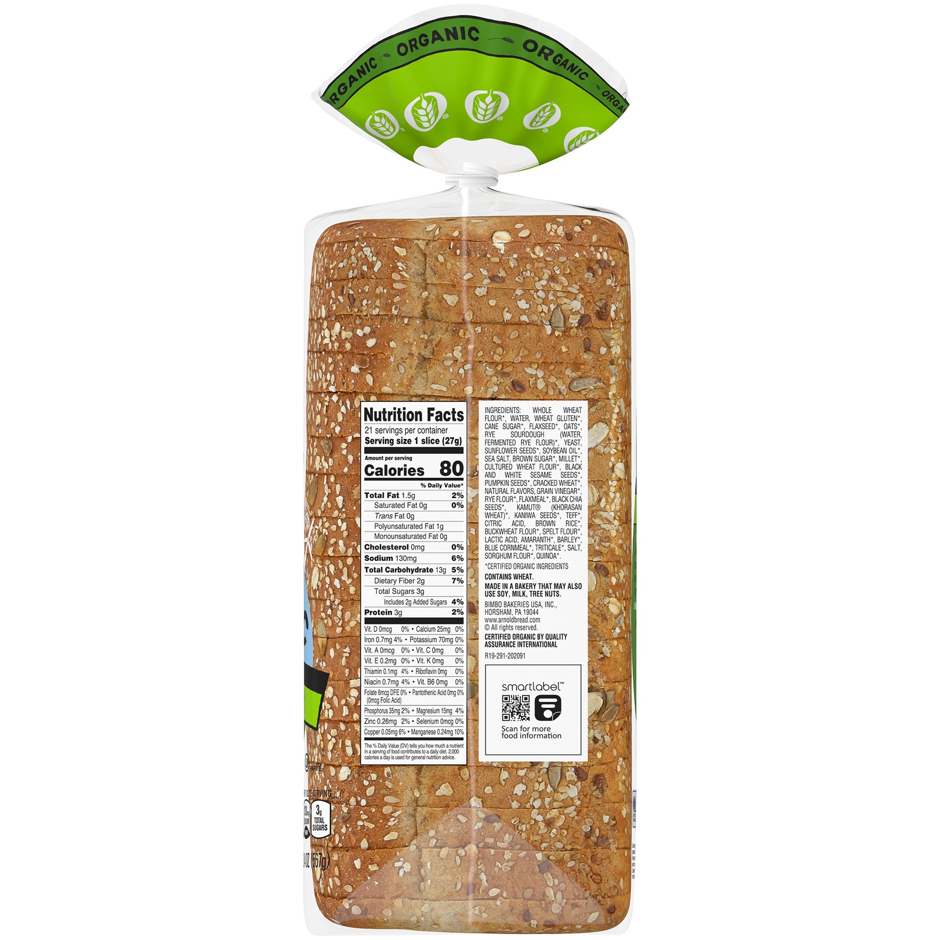 slide 3 of 5, Arnold Organic 22 Whole Grains & Seeds Bread, 20 oz, Thin Sliced Multigrain Bread, Bag, 20 oz