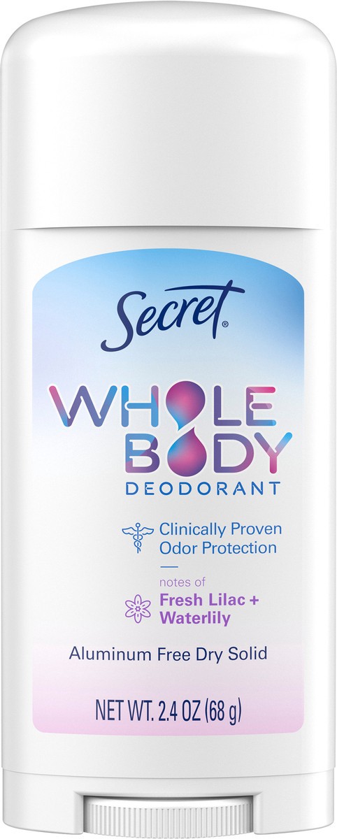 slide 6 of 7, Secret Whole Body Stick Aluminum Free Deodorant for Women with notes of Fresh Lilac Waterlily 2.4oz, 2.4 oz