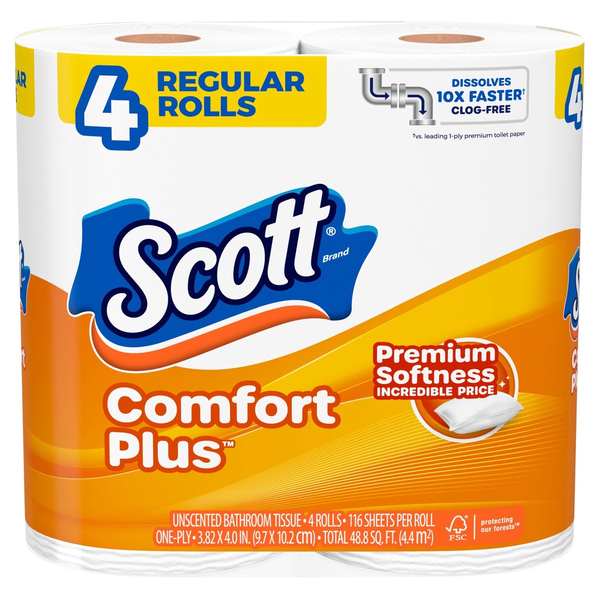 slide 1 of 5, Scott ComfortPlus Toilet Paper, 4 Regular Rolls, 116 Sheets per Roll, Septic-Safe, 1-Ply Toilet Tissue, 4 ct
