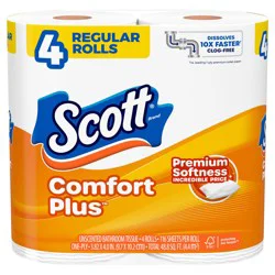 Scott ComfortPlus Toilet Paper, 4 Regular Rolls, 116 Sheets per Roll, Septic-Safe, 1-Ply Toilet Tissue